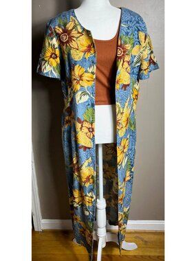 Vtg 80s Dress Linen Blue Tropical Floral Midi Button Artsy Boho Festival Women 6